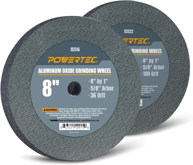 POWERTEC Bench Grinder Wheel 8 Inch White 36 & 100 Grit, Aluminum Oxide Grinding Wheel for Bench and Pedestal Grinder, 1" Thick 5/8" Arbor, Sharpening & Shaping Drill Bits, Blade, Chisel, 2PK (15532) - Image 1